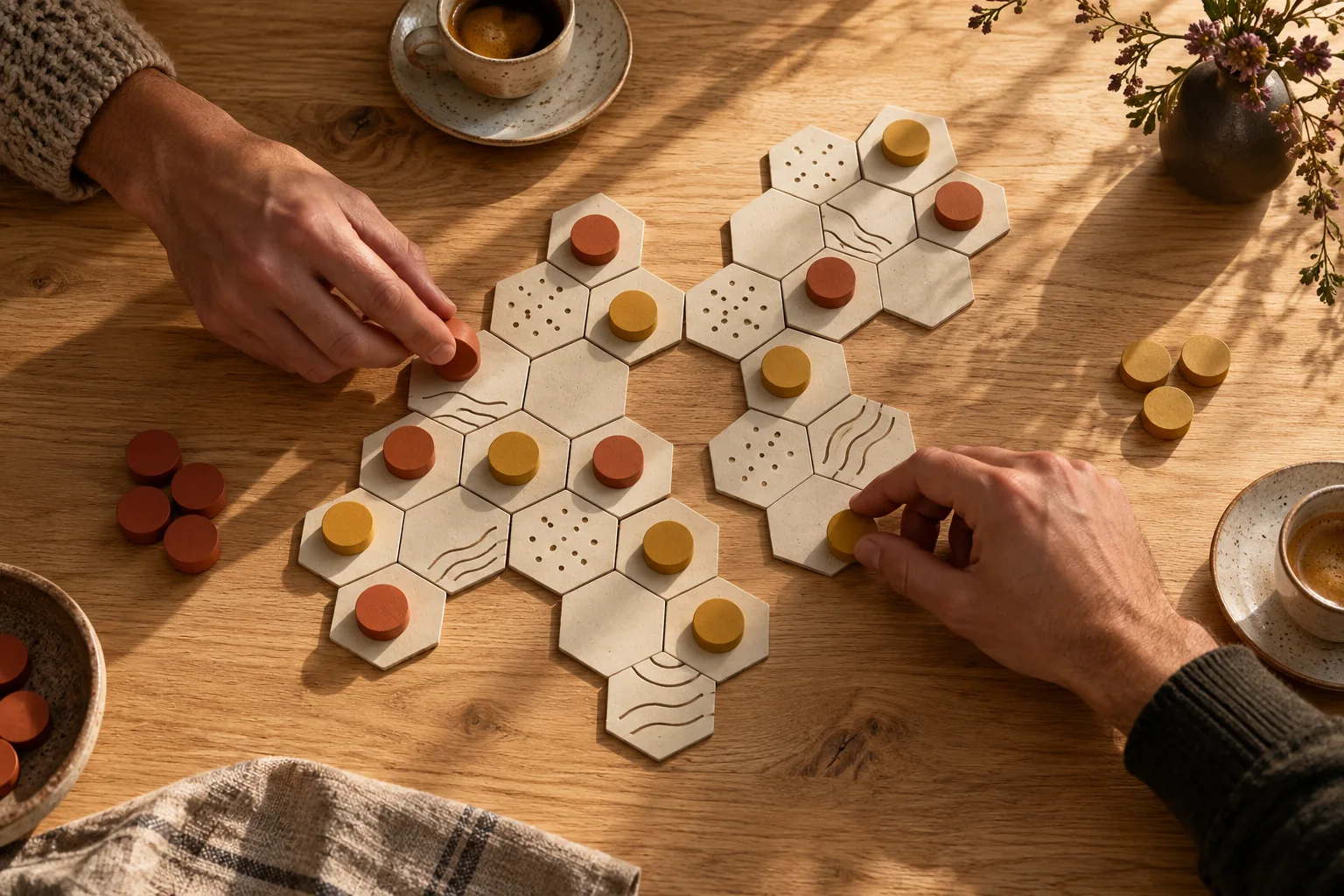 Due giocatori preparano un gioco astratto con tessere chiare e pedine colorate