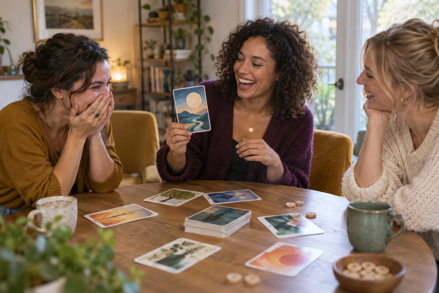 Amiche condividono un gioco narrativo con carte illustrate