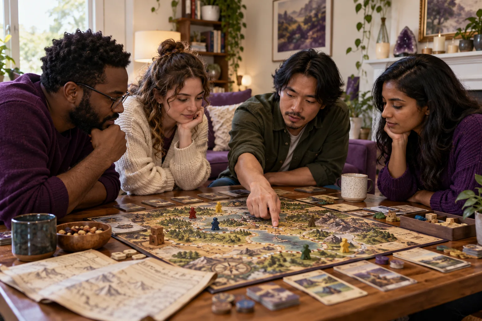 Un gruppo osserva insieme una mappa di gioco e valuta un percorso