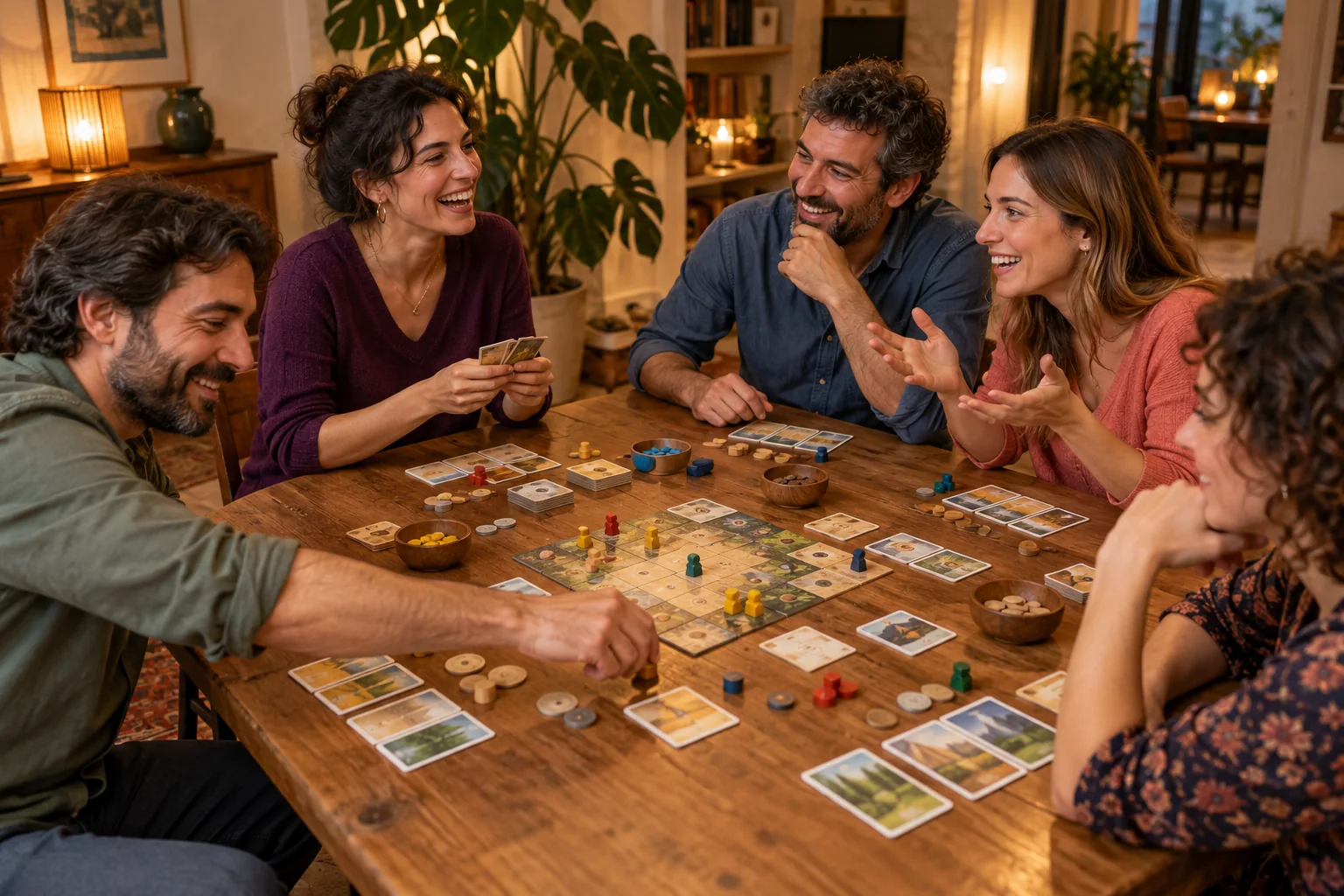 Cinque amici partecipano a una conversazione durante un gioco con carte e pedine